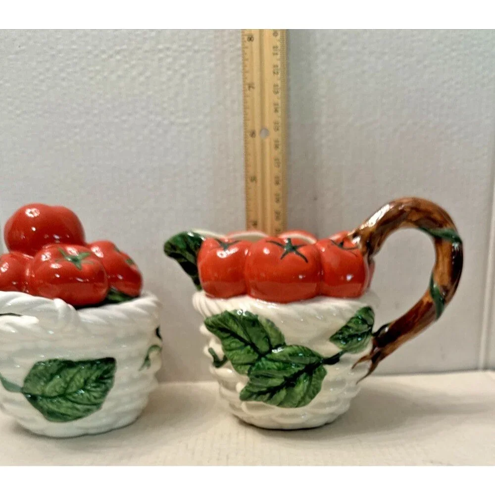 FITZ & FLOYD Tomatoes On The Vine SUGAR BOWL and CREAMER SET Vintage 1992 MINT